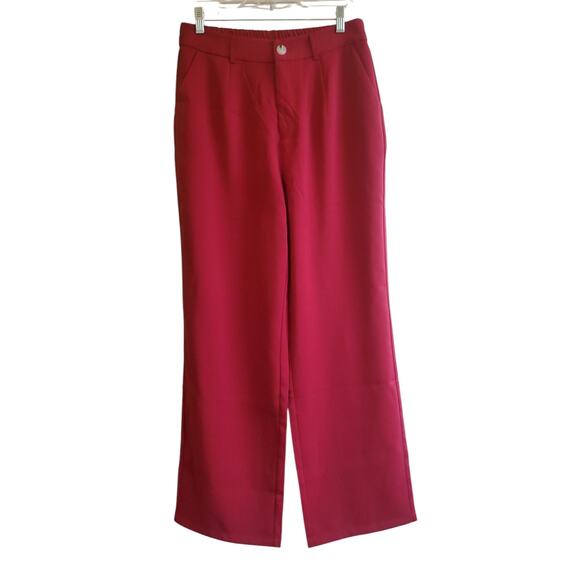NWOT High Rise Wide Leg Trousers Dress Pants Womens Large Maroon Pockets - Picture 1 of 7